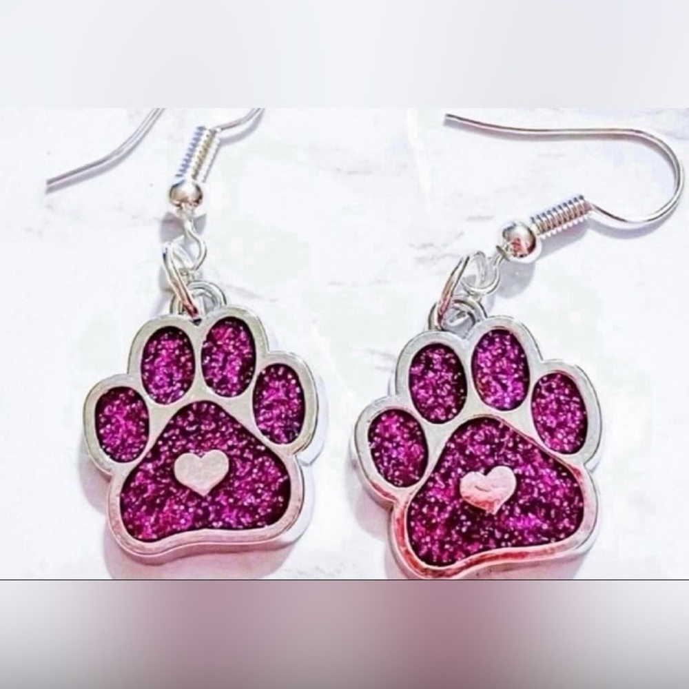 Purple Glitter Paw Print Dangle Earrings